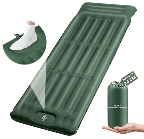 MILFECH 14CM Isomatte Camping Selbstaufblasend,Aufblasbare Luftmatratze mit Fußpresse Pumpe&integrierten kopfkissen,Ultralight Isomatte Wasserdicht Outdoor,Schlafmatte für Camping,Wandern (Grün)