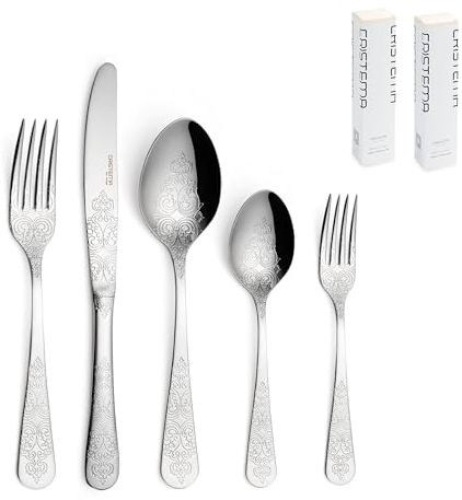 Colección Antique - Juego de Cubiertos de 30 Piezas - Fabricado con acero inoxidable 18/10, con tenedor, cuchara, cuchillo para plato principal y postre, apto para lavavajillas