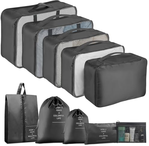 MOFELON Koffer Organizer Set, 10 Stück Travel Packing Cubes, Kofferorganizer Packtaschen Set Packwürfel mit Kleidertaschen Schuhbeutel, Reise Gadgets-Schwarz