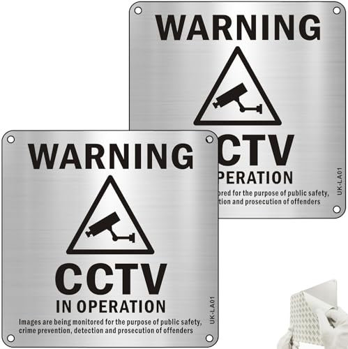 2 Pack CCTV in Operation Signs Brushed Aluminium, 15×15 cm Surveillance Warning Signs with Adhesive Backing
