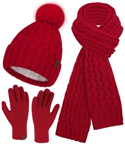 Bequemer Laden Winter Bommel Damen Mütze Beanie Schal Handschuhe Geschenke | Warm Gefütterte Wintermütze Strickmütze Bommelmütze Touchscreen Winterhandschuhe Thermo Winterschal Weihnachtsgeschenke