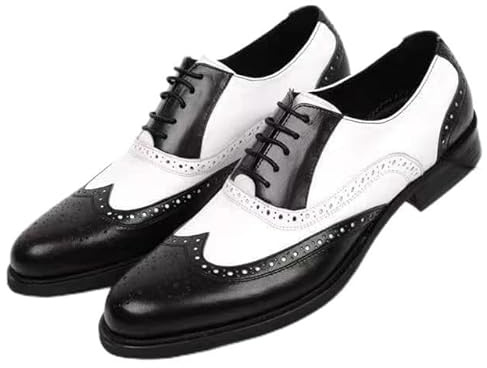 SayfuR Chaussures Oxford habillées for Hommes à Lacets Brogue en Relief Bout d'aile Chaussures Oxford Bicolores en Cuir PU Semelle Basse en Caoutchouc Talon Bloc Antidérapantes(Black White,43 EU)