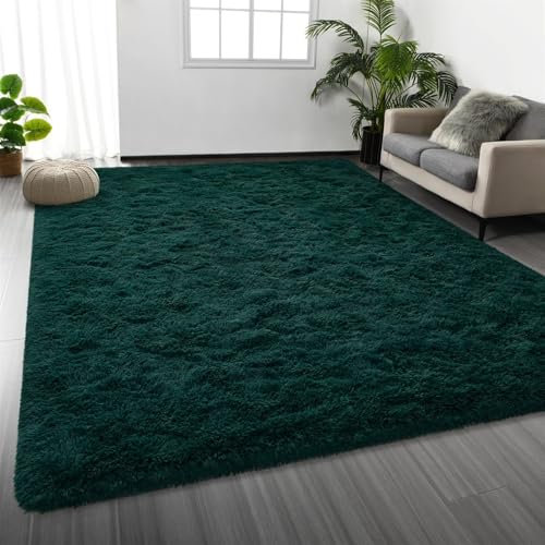 Heavyoff Hochflor Teppich Wohnzimmer rutschfest Fellteppich Shaggy Flauschig Anti-Rutsch Moderner Teppiche für Schlafzimmer Kinderzimmer, Dunkelgrün, 200x300cm