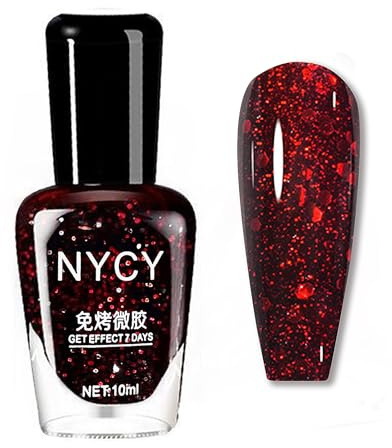 Red Glitter Nail Polish - Wine Red Varnish - Burgundy Quick Dry No Bake Non Chip - Sparkly Long Lasting Polish for Home Nail Art