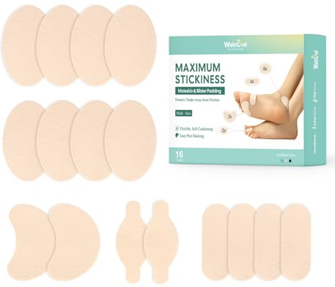Welnove Moleskin Adhesive Pads for Feet,Blister Bandages for Feet, Mole Skin Patch for Feet Heels, Skin Tape Stickers for Feet - 16 Sheets of 4 Shapes, Beige