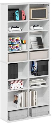 Furinno Jaya Multimedia-Medienspeicher-Tower-Rack mit 16 Regalen und verstellbaren Regalen, Weiß