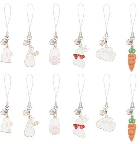 GLOBLELAND 12 Stück 6 Stile Kaninchen Karotte Handyanhänger Kawaii Lanyard Handyanhänger Schmetterlingslegierung Emaille Handygurtanhänger Für Handytasche Geldbörse Schlüsselbund Kamera