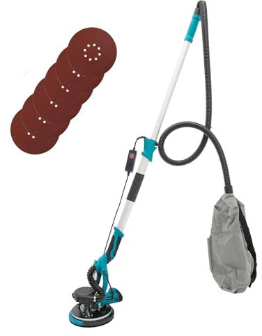 Smerigliatrice per muro a secco, 1250 W, manico telescopico, levigatrice da parete con LED e aspirazione della polvere, Ø 255 mm, velocità massima di rotazione 1800 giri/min, testa di rettifica