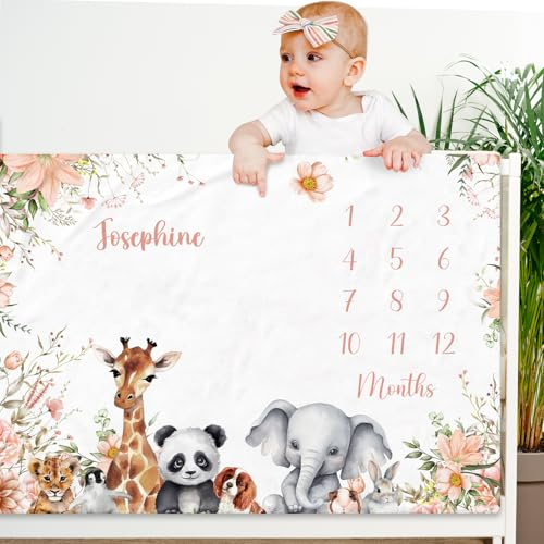 papasgix Couverture Étape pour Bébé Tapis Photo Mois, Personnalisé Plaid Bebe, Unisexe Thème Lune, Animal, Cadeau Naissance Cadeau Baby-Shower Personnalisé, Confortable, Doux