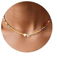 TINGN Bunte Perlenkette für Damen Mädchen - Handgefertigt Gold Bunte Perlen Kette mit Buchstaben Herz Anhänger Kette Kinder Geburtstagsgeschenke Geschenke für Frauen Teenager Mädchen Kinder Schmuck
