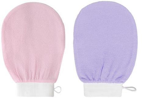 2 Pezzi Guanto Esfoliante Corpo, scrub corpo 150D Rugosità Media, Guanto Kessa Guanto Scrub Corpo per Avere la Pelle Liscia e Rimuovi le Cellule Morte della Pelle, Viola, Rosa