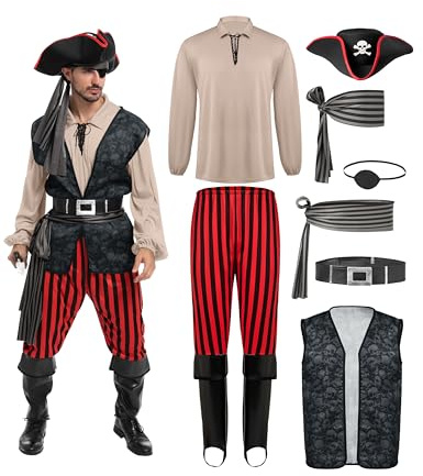 Spooktacular Creations Costume de pirate pour homme, chemise de pirate kaki, gilet, pantalon viking, chapeau et accessoires pour soirées cosplay sur le thème d'Halloween (taille M)