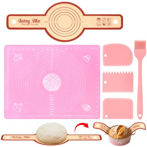 Mispudin Alfombrillas para Pan, 40x50cm Tapete de Silicona para Amasar Antiadherente, Eslinga de Pan Reutilizable con Mango Largo, Tapete Silicona Cocina con 3 Rascador de Masa & Cepillo