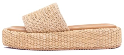 Monrovia Platform Sandals for Women – Raffia Wicker Espadrilles, Slip On Low Wedge Slides, Comfortable Straw Vacation Shoes, Rattan Flats for Beach Pool Daily Wear, Summer Style in Tan, Size 7.5