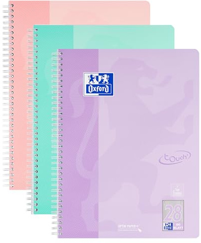 Oxford TOUCH A4+ Collegeblock, 80 Blatt, OPTIK PAPER+®, Doppelspirale, Mikroperforation, scribzee kompatibel, 3 Stück (pastell sortiert | kariert)