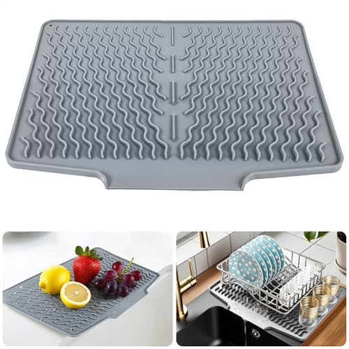 xiruiubao Tapis Egouttoir Vaisselle, Antidérapant Tapis de Séchage Vaisselle en Silicone, Tapis de Drainage de Cuisine pour Evier, Égouttage Efficace et Maintenir la Surface Sèche, 40x33cm, Gris