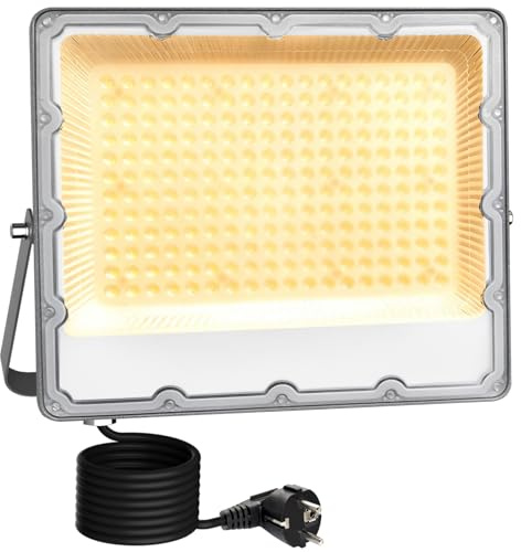 MEEKBOS 200W LED Flodljus Utomhus, 3000K Varmvit, 20000 Lumen Super Bright Säkerhetslampa med Schuko Kontakt, IP66 Vattentålig för Trädgård, Garage, Gräsmatta, 220V–240V AC 50Hz