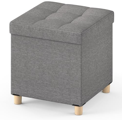Giantex Small Storage Ottoman Cube with Tray Lid, Folding Linen Fabric Foot Stool with Elevated Wooden Legs, Multi-Functional Ottoman Foot Rest for Living Room, Bedroom, Entryway, 18 x 18 x 18 Inches