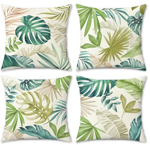 COZZSNUGE Tropiska blad örngott 45 x 45 cm, akvarell regnskog palmblad polyester dekorativt kuddfodral prydnadskudde för soffa vardagsrum hem set om 4