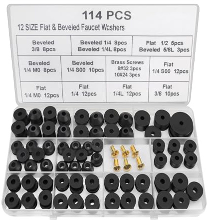 114 PCS Faucet Washer Kit with Brass Bibb Screws - Assorted Flat & Beveled Neoprene Rubber Washers for DIY Outdoor Faucet Repair