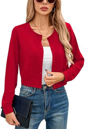 Heymoments Women Cropped Cardigan Bolero Shrug Red XX-Large Button Down Long Sleeve Crewneck Casual Business Ladies Open Front Knit Lightweight Coat Fall Tops Sweater for Dresses Jean