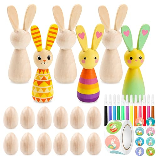 HGRGHH Ostereier zum Bemalen Set, 12 Holzeier zum Bemalen + 6 Holzhasen + 500 Ostersticker, DIY Holzfiguren Ostern Basteln Kinder Osterdeko Tischdeko Wohnkultur