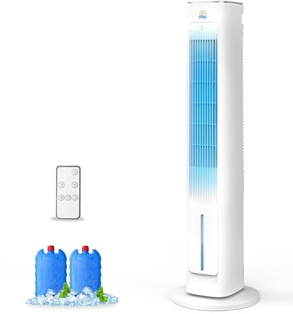 Exnos Portable Evaporative Air Cooler, 3-in-1 Cooling Fans that Blow Cold Air With 3L Water Tank, 38’’ Tower Fan for Bedroom, Office with 3 Speeds, 12H Timer, Oscillation, Remote Control, 2 Ice Packs
