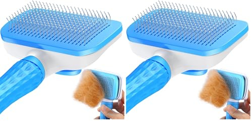 ACE2ACE Haustier Hundebürste Katzenbürste, Haustier Bürsten, Hundebürste Katzenbürste für Langhaar und Kurzhaar, Sauberes Haustierhaar von der Bürste mit Einem Knopf, Blau (Packung mit 2)