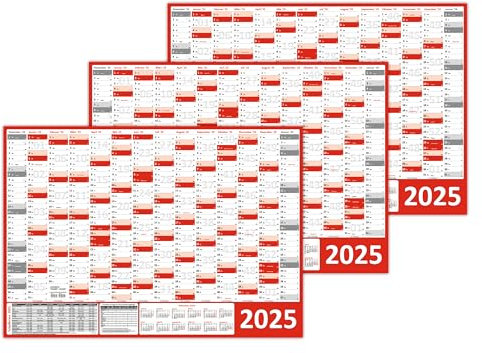3 Stück Wandkalender/Wandplaner 2025 rot (gerollt) DIN A1 Format (594 x 841 mm) 14 Monate, komplette Jahresvorschau Folgejahr und Ferientermine/Feiertage aller Bundesländer