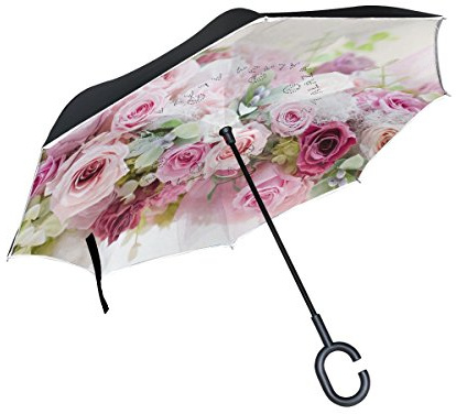 isaoa Gro?e Schirm Regenschirm Winddicht Doppelschichtige seitenverkehrt Faltbarer Regenschirm f¨¹r Auto Regen Au?eneinsatz,C-f?rmigem Henkel Regenschirm Blume Romantische Love Regenschirm