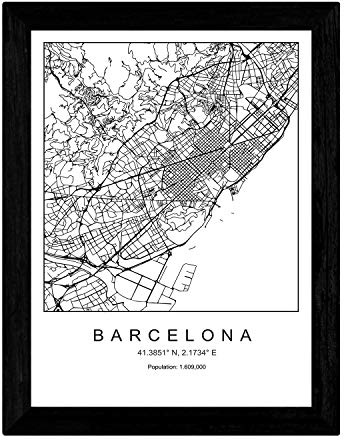 Nacnic Lámina mapa de la ciudad Barcelona estilo nordico en blanco y negro. Poster tamaño A3 Sin marco Impreso papel 250 gr. Cuadros, láminas y posters para salon y dormitorio