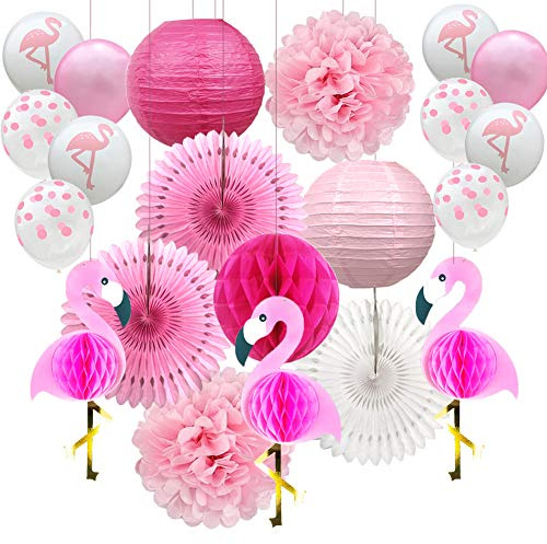 YZNlife Flamingo Party Dekoration, 21PCS Party Deko Set, Hochzeit Dekoration Geburtstagsdeko Bunt Partydeko, mit Wabenbälle, Ballons, Papier Pom Poms und Papierblumen, für Festival Hawaii Party