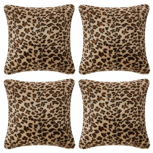 Faylapa 4 Pack Soft Plush Leopard Print Pillow Covers,Animal Theme Print Faux Fur Decorative Throw Pillowcase Home Decor Cushion Cover 18×18 Inches (45×45cm)(Case ONLY)