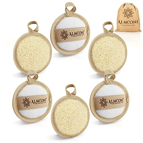 Almooni Natural Loofah Exfoliating Facial Scrubber, Made with Natural Egyptian Shower Loofah Sponge, Bath Shower Loofah Sponge for Women and Men, for Face that Gets You Clean - 6 Count (1 Pack)