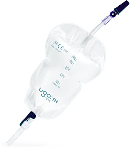 Ugo-Beintaschen (x10) - Urindrainagebeutel/Katheter-Beintaschen, T-förmige oder hebelförmige Taschen mit weicher Stoffrückseite (10er-Pack) (Ugo 1H - 500ml, kurze Tube, Hebelarmatur)