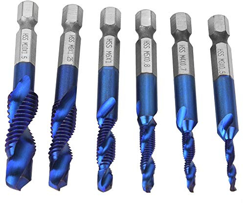 Kombi Bohrer Gewindebohrer Bit Satz, 6 Stück HSS Metrisches Gewinde Bit Set 6,35mm Sechskantschaft Gewindebohrer M3/M4/M5/M6/M8/M10, 0.5mm Gewindedurchmesser,15mm Nutzlänge(c)