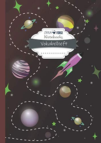 CreaForge Vokabelheft: | DIN A4 | 82 Seiten mit Seitenzahlen & Inhaltsverzeichnis / Register | 2 Spalten Lineatur 53 | Softcover matt | Schule & Studium | Motiv: Weltraum