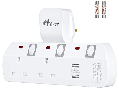 Hulker Multi Plug Socket Extension - 2 Way with 2 USB, Short Circuit Protection, Turn 1 into 4 Multi USB Plug Adaptor UK Socket