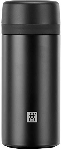 ZWILLING THERMO Botella térmica, Colador integrado, Botella térmica para té y agua infusionada, Aislamiento de doble pared, 420 ml, Altura: 17,2 cm, Negro