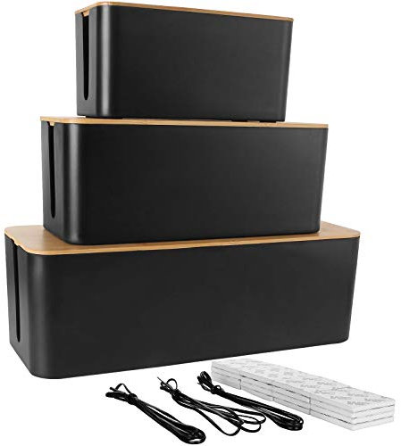 STARVAST Cable Management Box Set With Wooden Lid | 3 Black Large Desk Cable Tidy Boxes | TV Cable Wire Extension Box Organiser for Home Office | Large, Medium, Small