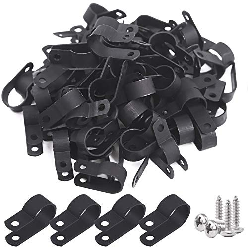 Glarks 120 Stück 1,6 cm (5/8 Zoll) schwarze Nylon-Schraubmontage R-Typ-Kabelclip Drahtklemme mit 120 Schrauben für Draht, Kabel, Leitungen und Kabelkanal-Kit, schwarz