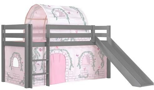 Vipack Spielbett Pino inkl. Rutsche mit Textilset Vorhang und Tunnel Birdy Kiefer massiv grau lackiert