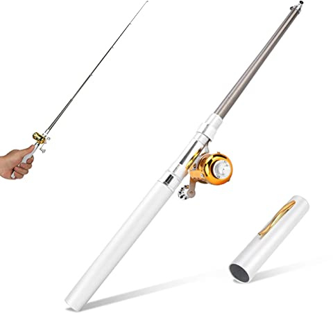 Cyrank Caña de Pescar Pen, Mini Pocket Pen Caña de Pescar, Caña de Pescar telescópica portátil con Carrete Giratorio, Kit de caña de Pescar para Agua Dulce Salada
