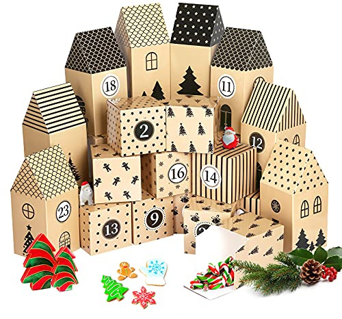 Kesote Adventskalender zum Befüllen 24 Weihnachtskalender Kiste Häuser DIY | Weihnachtsdorf Lebkuchenhaus, Weihnachten Box Mini Karton Schachteln, Geschenkboxen zum Basteln, Weihnachtsdeko Mädchen Junge