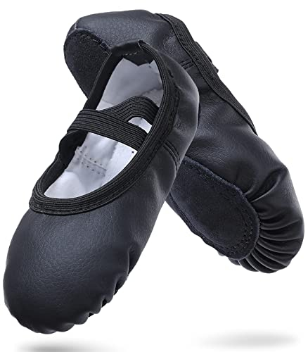 Ballettschuhe Mädchen Leder Ballettschläppchen mit Geteilte Ledersohle Gymnastik Tanzschuhe für Kinder Damen,Schwarz Eu38