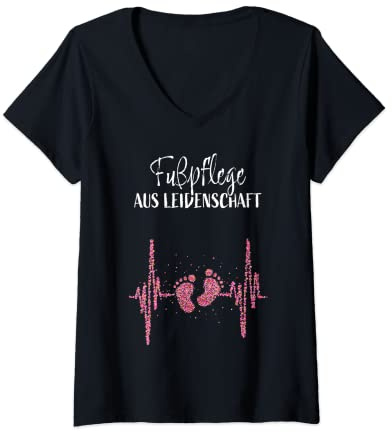 Damen Fusspflege Herzschlag Podologie Kosemtikstudio Kosmetik T-Shirt mit V-Ausschnitt