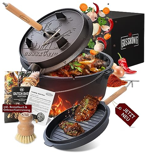 GUSSKÖNIG Dutch Oven Set - Eingebrannter Dutch Oven 9 Liter [6-10 Person]-Feuertopf Gusseisen mit Füßen-Schmortopf Doppelfunktion-2in1 Deckelheber, Bürste & DutchOven Rezeptbuch-30 Jahre Garantie
