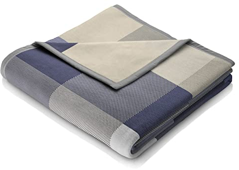 biederlack® flauschig-weiche Kuscheldecke Pure Cotton Karo - blau I Made in Germany I Öko-Tex I Sofadecke aus 100% Baumwolle in 150x200 cm I blau-grau Karierte Wohndecke I nachhaltig produziert