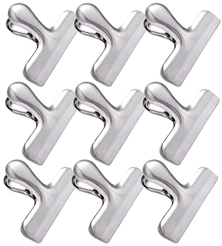 9 Pack Stainless Steel Chip Clips: Heavy Duty Air Tight Seal Kitchen Clips for Food (Silver)