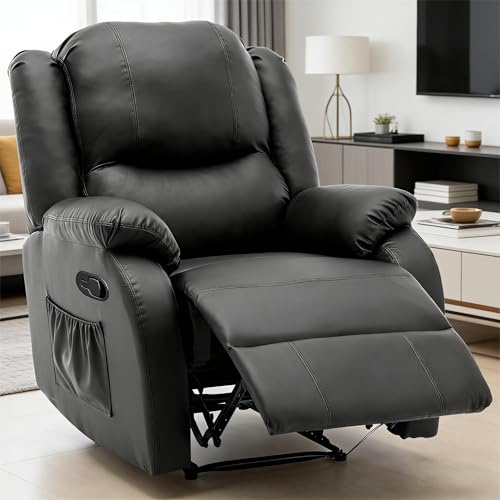 Merax Relaxsessel 130° neigbarer, Fernsehsessel Einzelsofa mit Verstellbarer Beinablage, Ausziehließer Liegestuhl PU Leder Sessel, Liegesessel mit Seitentasche, für Wohnzimmer, Schwarz
